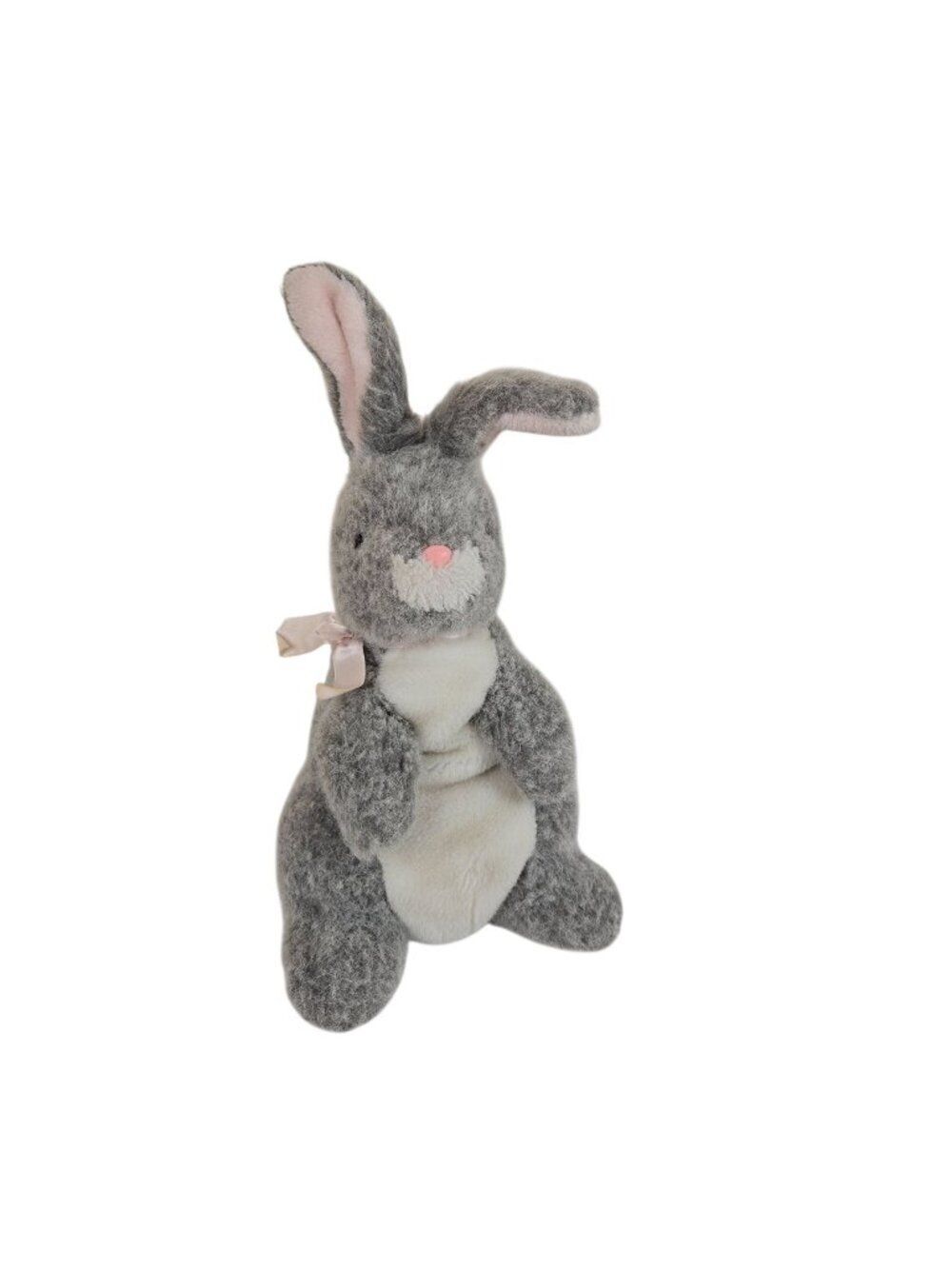 Vintage Gray Bunny Plush Hand Puppet Pink Bow 16 Inches Tall